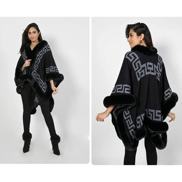 Frank Lyman Black/Grey Knit Cape cardigan wrap faux Fur trim Goth One Size - Picture 1 of 6